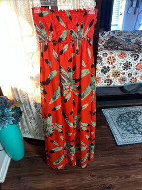 Love Tree Strapless Maxi Dress in Bright Red with Green Leaf Print